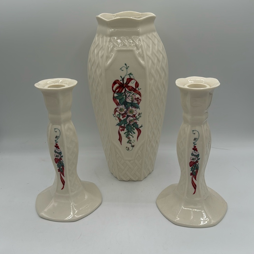 Belleek Millenium Christmas Vase and Candlesticks.
